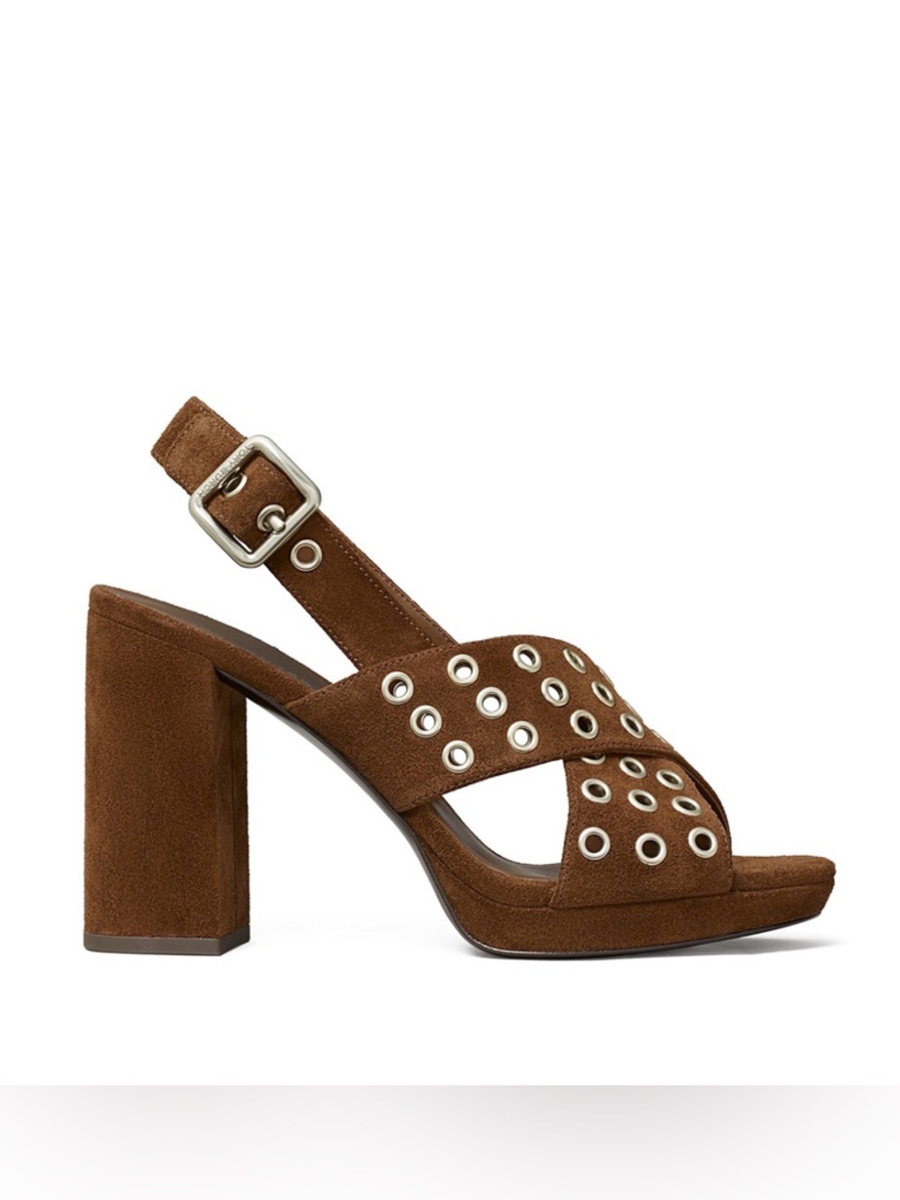 NWT Tory Burch Cross Band Suede Heel Sandals, Mustang, Size 8 - Picture 4 of 16